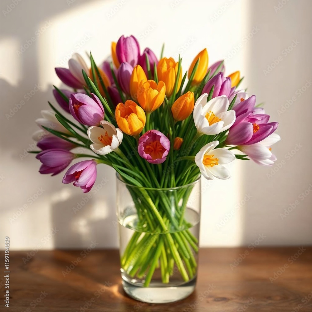 Fototapeta premium Vibrant bouquet of tulips in a glass vase illuminated by soft natural light