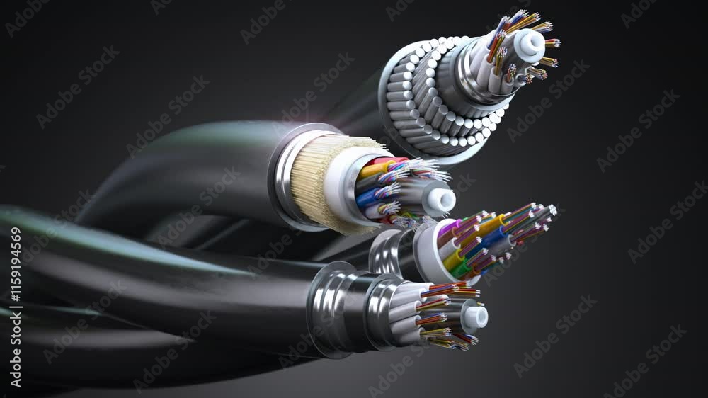 Fiber optical internet cable of various types. Cross section layers structure of fiber cables.