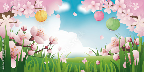 Spring Blossoms Lanterns and Grassy Meadow Peaceful Nature Scene