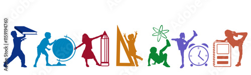 Children silhouettes with school supplies and icons on white background. Vector illustration.	
