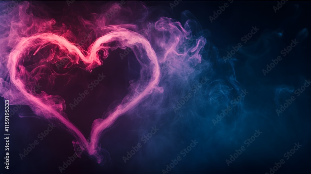 Neon purple and pink heart-shaped smoke on the left side on a dark background. Copy space, Valentine's, wallpaper concept.