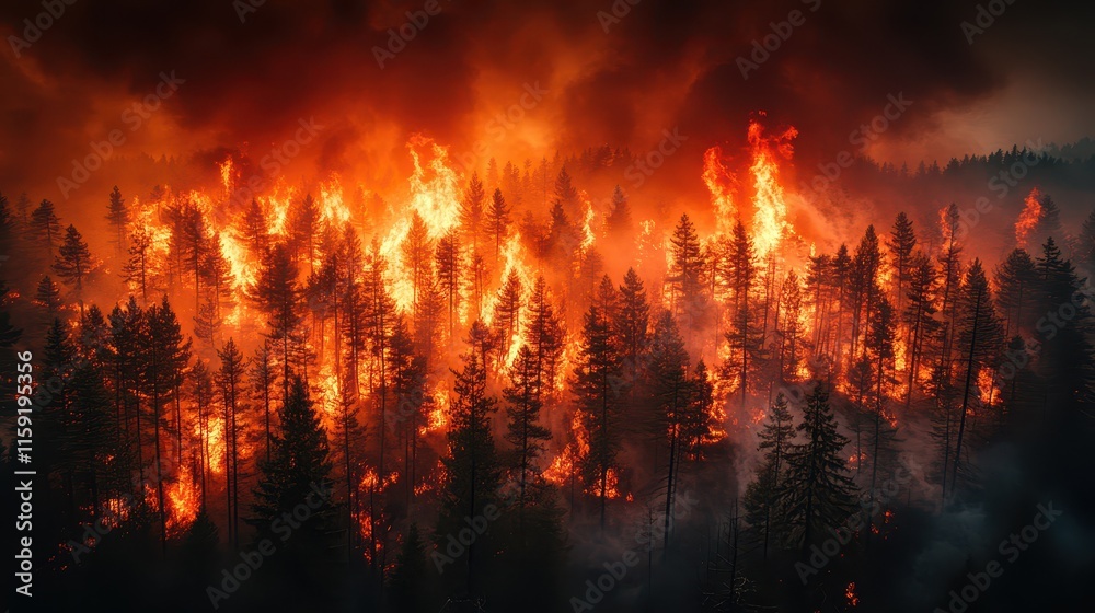Forest engulfed in flames as wildfire rapidly spreads through the trees