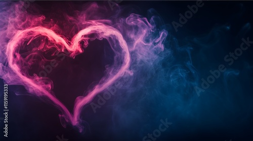 Neon purple and pink heart-shaped smoke on the left side on a dark background. Copy space, Valentine's, wallpaper concept.