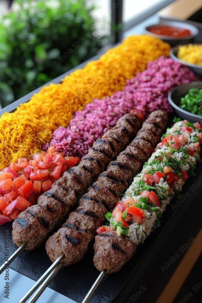 Grilled kebab skewers with colorful rice, vegetables, and sauces. Grilled kebab skewers with colorful rice, vegetables, and sauces.