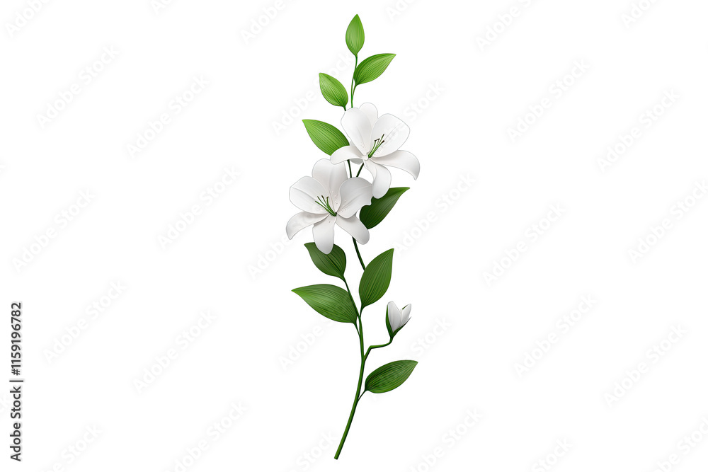Obraz premium Lily harmony concept. A beautiful illustration of a white flower branch with green leaves.
