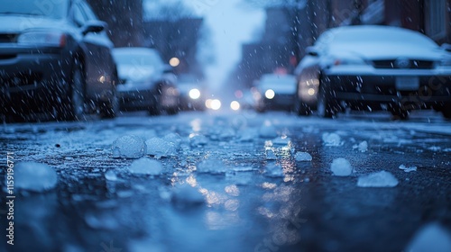 Massive hailstorm blankets city street in ice during winter evening