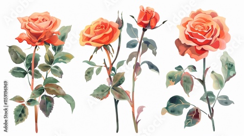 Elegant Watercolor Roses Floral Bouquet Illustration in Flat Vector Style