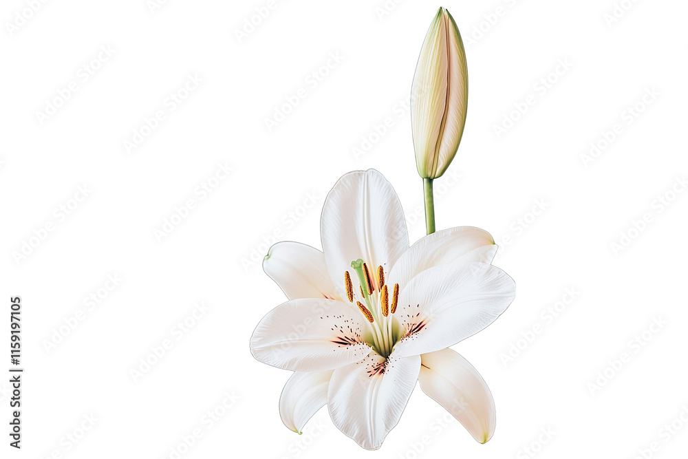 Lily harmony concept. A beautiful white lily bloom showcasing its delicate petals and budding flower. Lily harmony concept. A beautiful white lily bloom showcasing its delicate petals and budding flower.