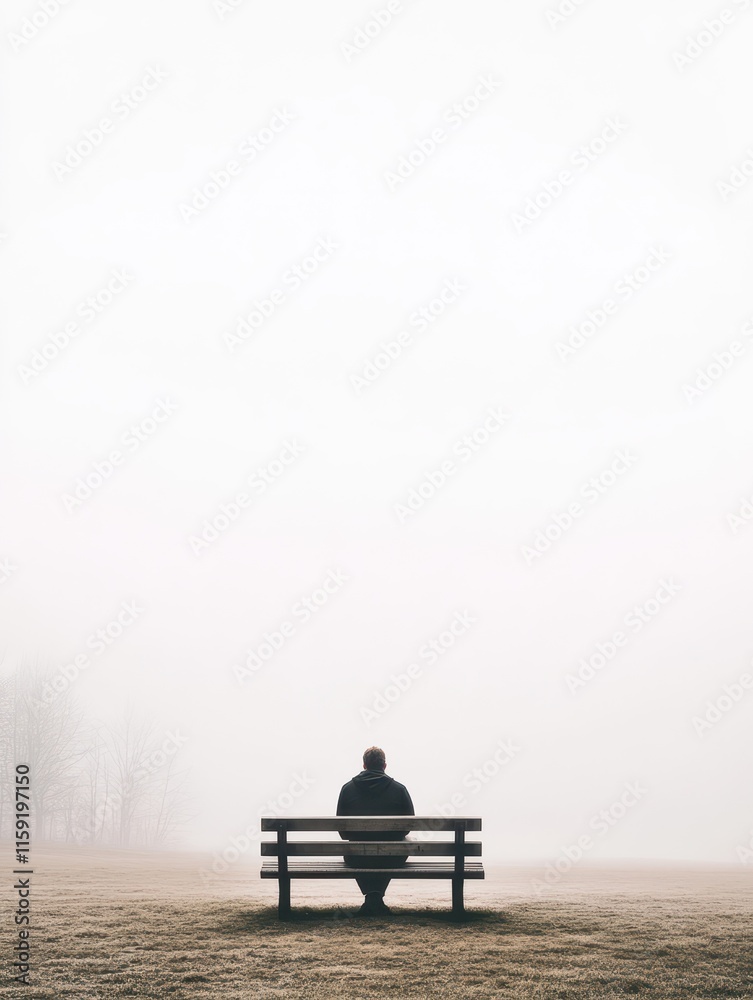 Man sitting alone on a bench in a foggy landscape during early morning hours Man sitting alone on a bench in a foggy landscape during early morning hours