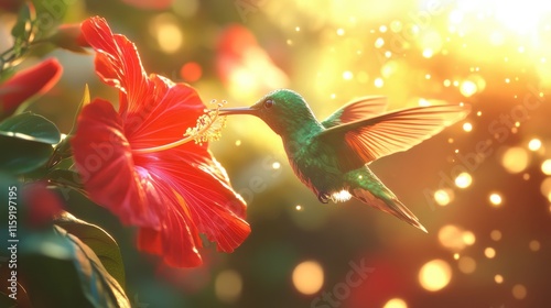 A beautiful hummingbird drinks nectar from a vibrant red flower. The background glows softly with sunlight and sparkling colors, creating a magical atmosphere.