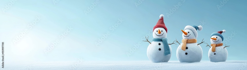 Three cheerful snowmen wearing colorful hats stand against a light blue background, embodying a festive winter spirit. Three cheerful snowmen wearing colorful hats stand against a light blue background, embodying a festive winter spirit.