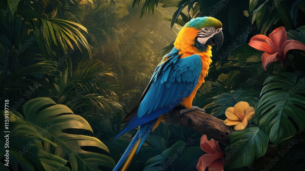 Fototapeta premium A colorful parrot perched in a lush jungle. The vibrant blue and yellow feathers shine. This striking bird stands among rich green leaves and bright flowers.