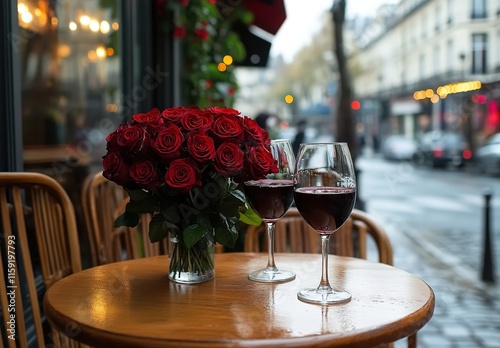  A bouquet of red roses and two glasses of red wine on a table in a café, with a Paris street scene in the background. This image evokes the concept of a Valentine's Day celebration.  photo