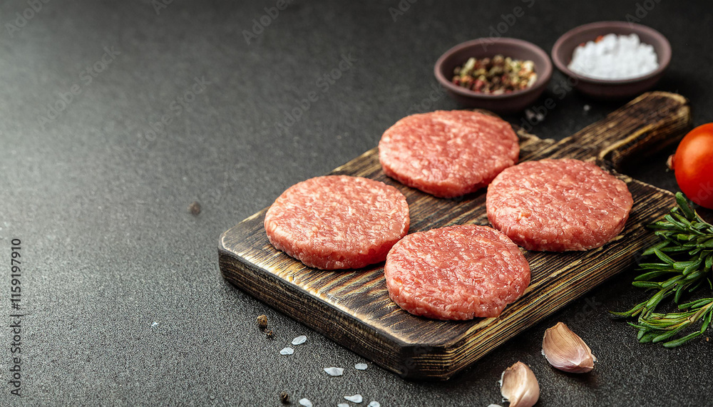 Raw veal cutlets on chopping board, before cooking for hamburgers and other dishes. Tasty food. Raw veal cutlets on chopping board, before cooking for hamburgers and other dishes. Tasty food.