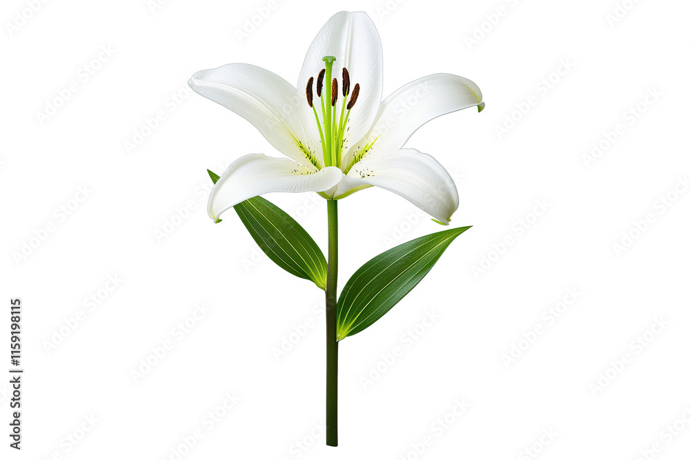 Fototapeta premium Lily harmony concept. Beautiful white lily flower with delicate petals and vibrant green leaves.