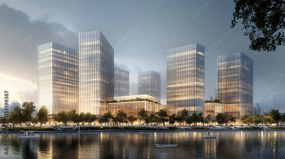 Naklejka premium A row of modern office towers showcases sleek architecture