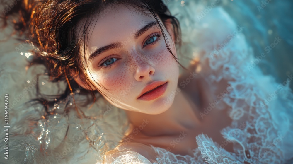 A serene moment captured in water, featuring a beautiful girl with striking blue eyes and flowing hair, surrounded by soft waves and natural light. A serene moment captured in water, featuring a beautiful girl with striking blue eyes and flowing hair, surrounded by soft waves and natural light.