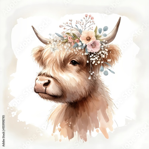 A watercolor highland cow with soft, wavy fur is adorned with a boho floral crown featuring pink and white blossoms with baby's breath 