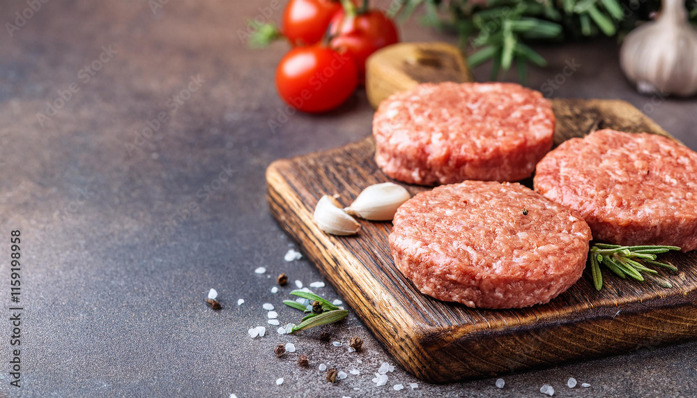 Raw veal cutlets on chopping board, before cooking for hamburgers and other dishes. Tasty food. Raw veal cutlets on chopping board, before cooking for hamburgers and other dishes. Tasty food.