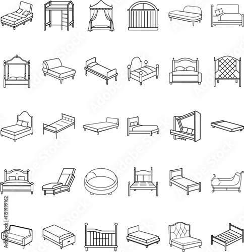 Varied Collection of Beds, Sofas, and Cribs Furniture Line Drawings