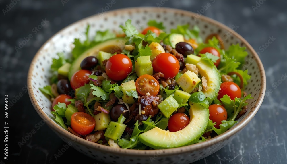 A bowl of vibrant mixed salad with fresh greens, cherry tomatoes, and sliced avocado, on a dark background. A bowl of vibrant mixed salad with fresh greens, cherry tomatoes, and sliced avocado, on a dark background.