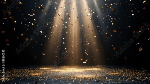 Golden confetti falling through spotlight beams on dark background.