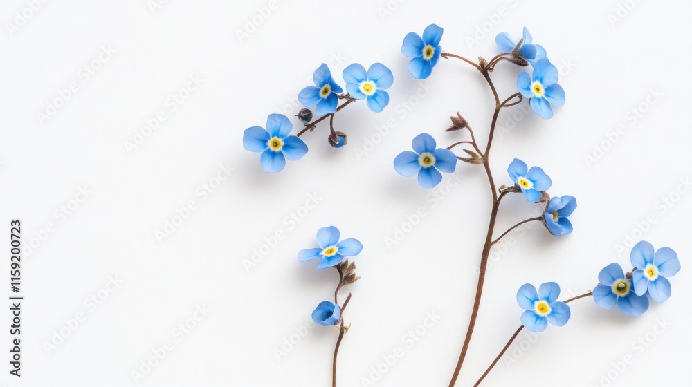 An intricate shot of a blue forget-me-not flower with its tiny petals, isolated white background, abstract art style An intricate shot of a blue forget-me-not flower with its tiny petals, isolated white background, abstract art style
