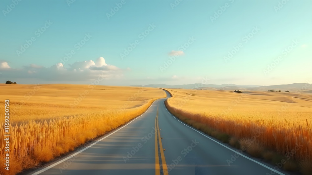 Naklejka premium Golden Wheat Field Road Winding Asphalt Scenic Summer Landscape