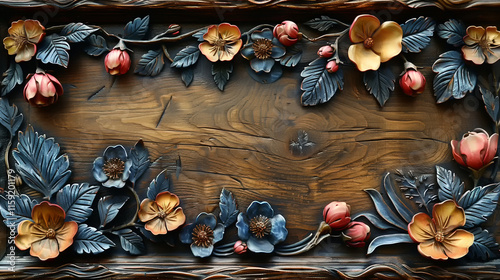 Crafting natural beauty with vibrant floral relief designs on wood photo