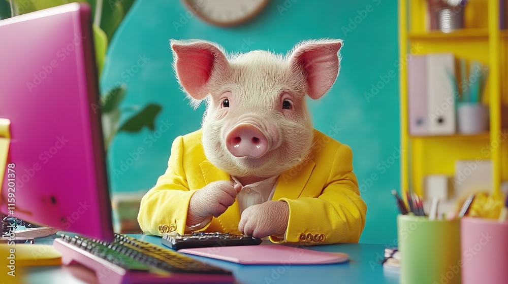 Pig in suit working on a computer at a colorful workspace
