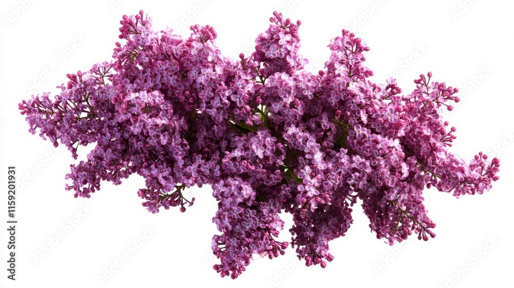 Obraz premium An intricate view of a cluster of purple lilacs with their fragrant blossoms and woody stems, isolated white background, minimalist art style