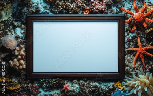 Blank white poster framed in dark oak, set against an image of the ocean floor, with sea creatures like crabs, starfish, and anemones crawling over the sandy seabed  photo