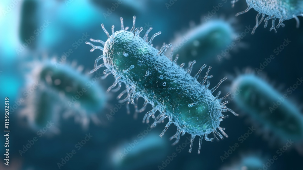 A close-up view of bacteria in a microscopic environment, showcasing their unique shapes and structures with a vibrant blue background. A close-up view of bacteria in a microscopic environment, showcasing their unique shapes and structures with a vibrant blue background.
