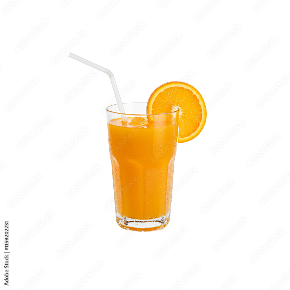A glass of fresh orange juice with a straw and a slice of orange on the rim. png isolated background. transparent background. A glass of fresh orange juice with a straw and a slice of orange on the rim. png isolated background. transparent background.