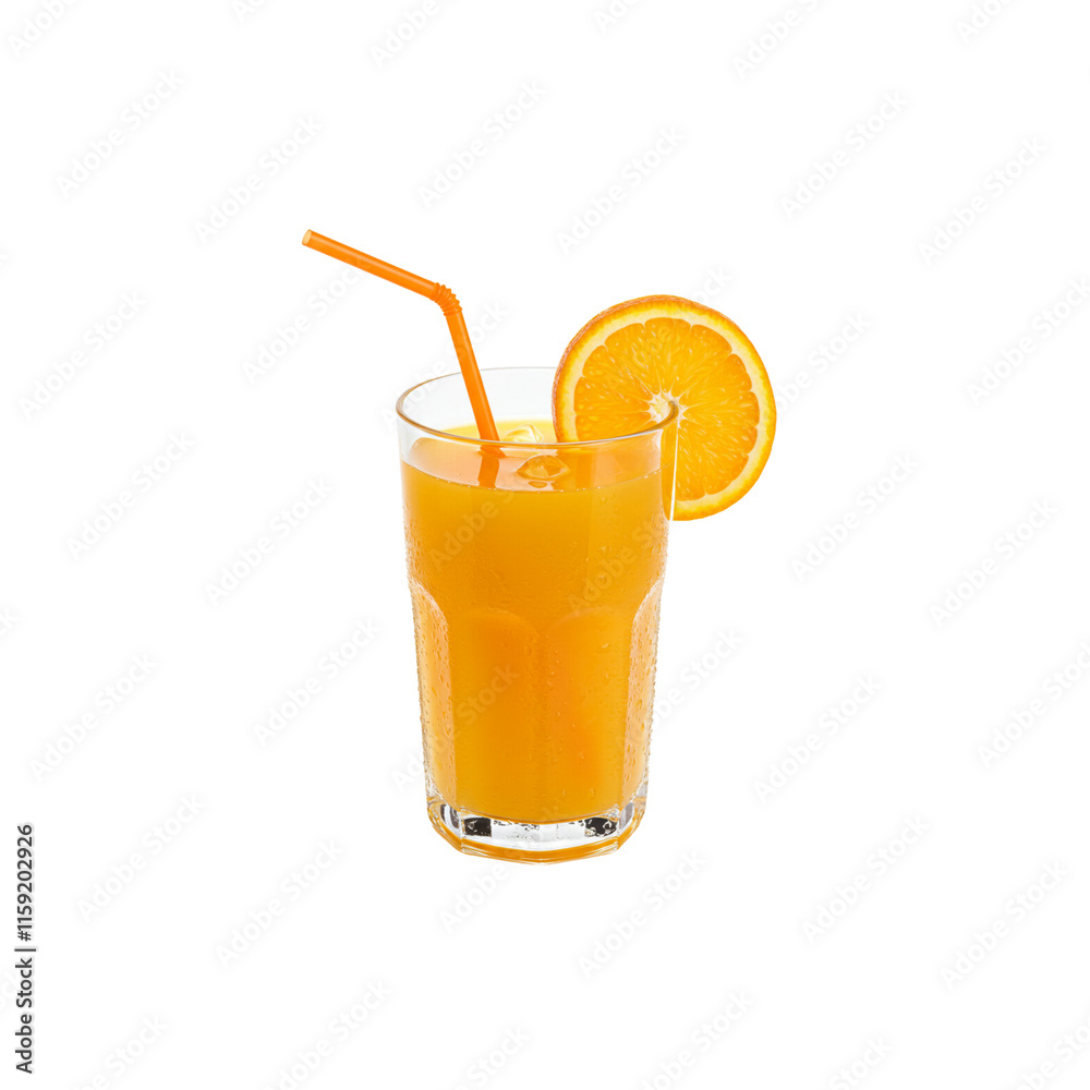 A glass of fresh orange juice with a straw and a slice of orange on the rim. png isolated background. transparent background. A glass of fresh orange juice with a straw and a slice of orange on the rim. png isolated background. transparent background.