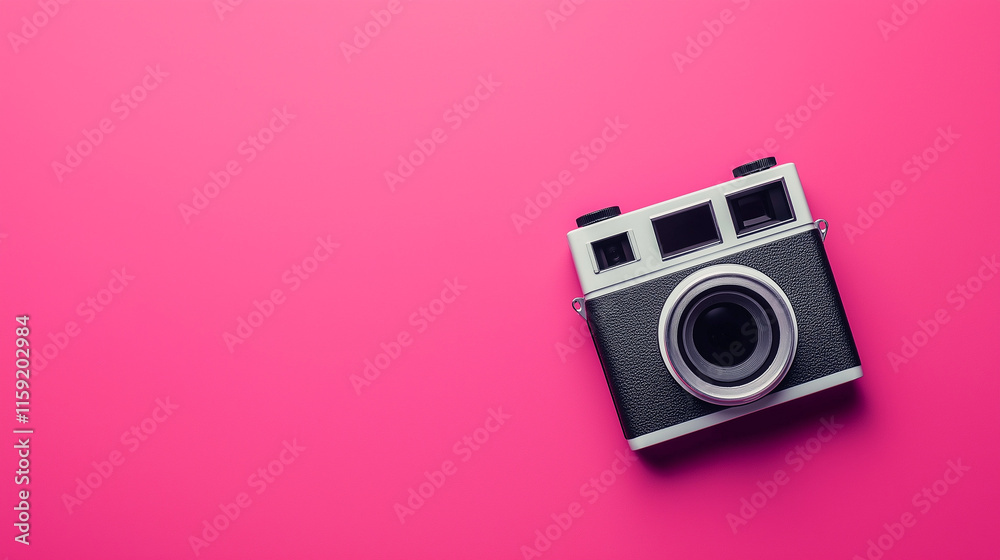 Fototapeta premium old black photo camera isolated on 3 d magenta background