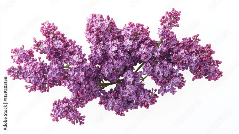 Obraz premium An intricate view of purple lilac blossoms with their fragrant flowers and woody stems, isolated white background, minimalist art style