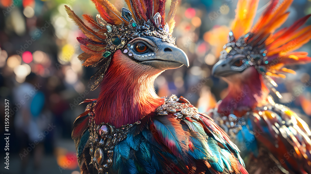 Fototapeta premium Colorful Fantasy Birds with Ornate Feather Designs at a Festive Outdoor Celebration