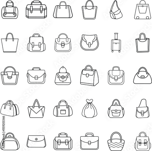 Diverse Collection of Handbags, Briefcases, and Travel Bags Icons
