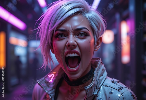 Angry Cyberpunk Woman in Neon Lit Alleyway. Generative AI