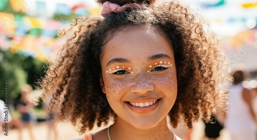 Joyful young female with creative makeup at colorful outdoor festival celebration