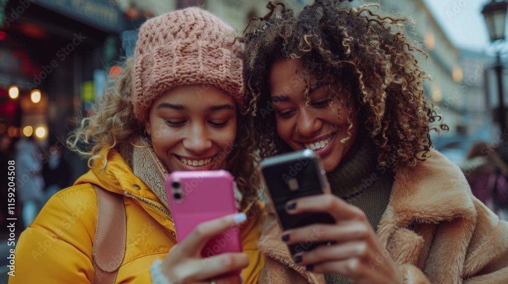 Fototapeta premium Two women in winter gear happily look at a phone on the street. One wears yellow, the other brown. Their expressions convey joy and relaxation.