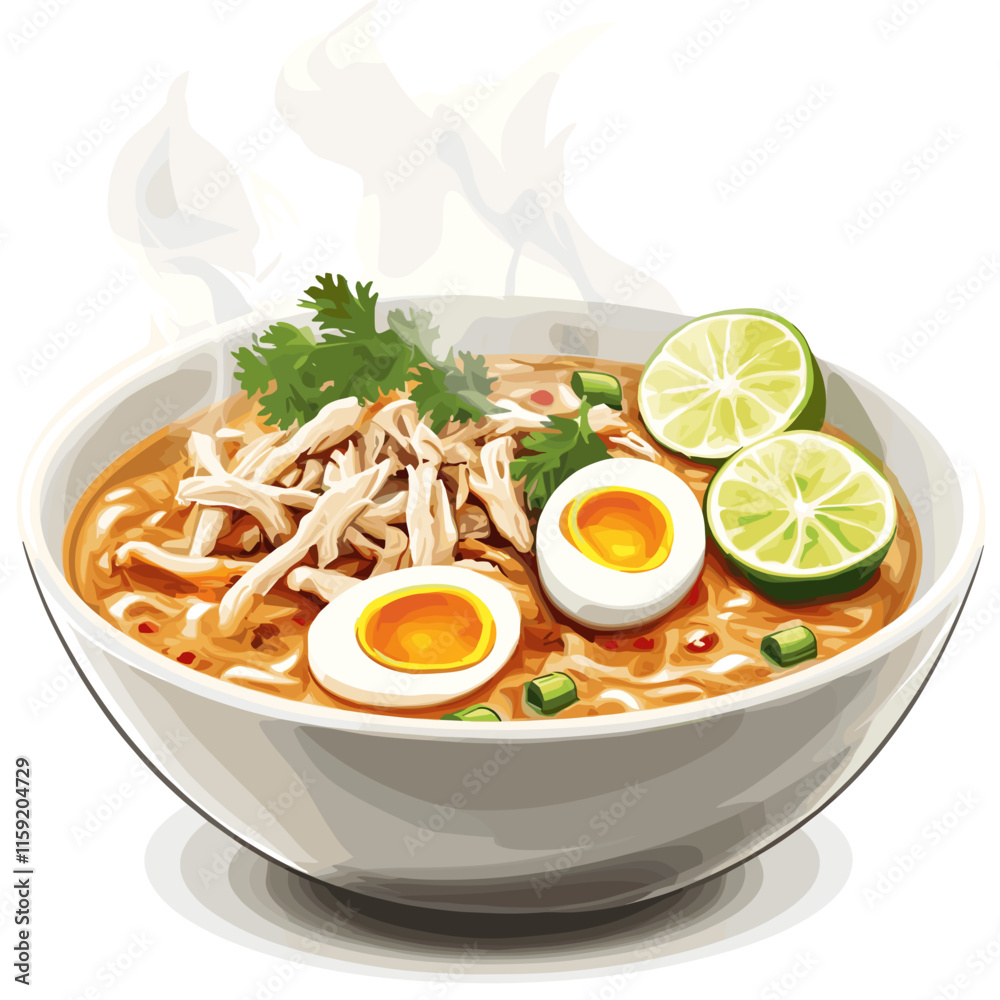 Illustration of Indonesian Soto Ayam with Lime and Eggs Illustration of Indonesian Soto Ayam with Lime and Eggs