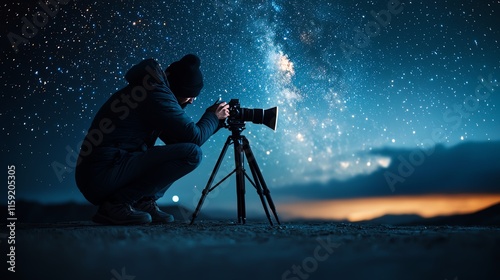 A photographer captures the stunning night sky filled with stars and the Milky Way, highlighting the beauty of astrophotography.