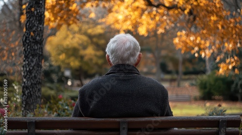 Elderly man enjoys a tranquil moment on a park bench surrounded by autumn colors