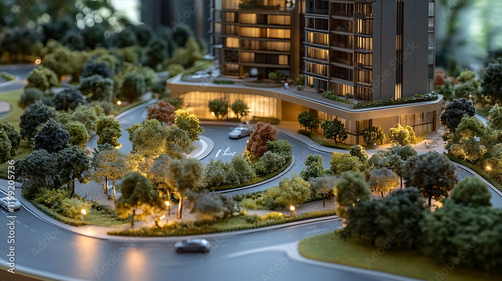 15. Condo model with surrounding pathways and miniature cars, placed on a presentation platform 15. Condo model with surrounding pathways and miniature cars, placed on a presentation platform