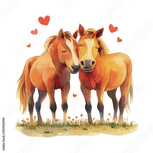 Two horses are hugging each other with hearts on their necks. The scene is a cute and heartwarming illustration