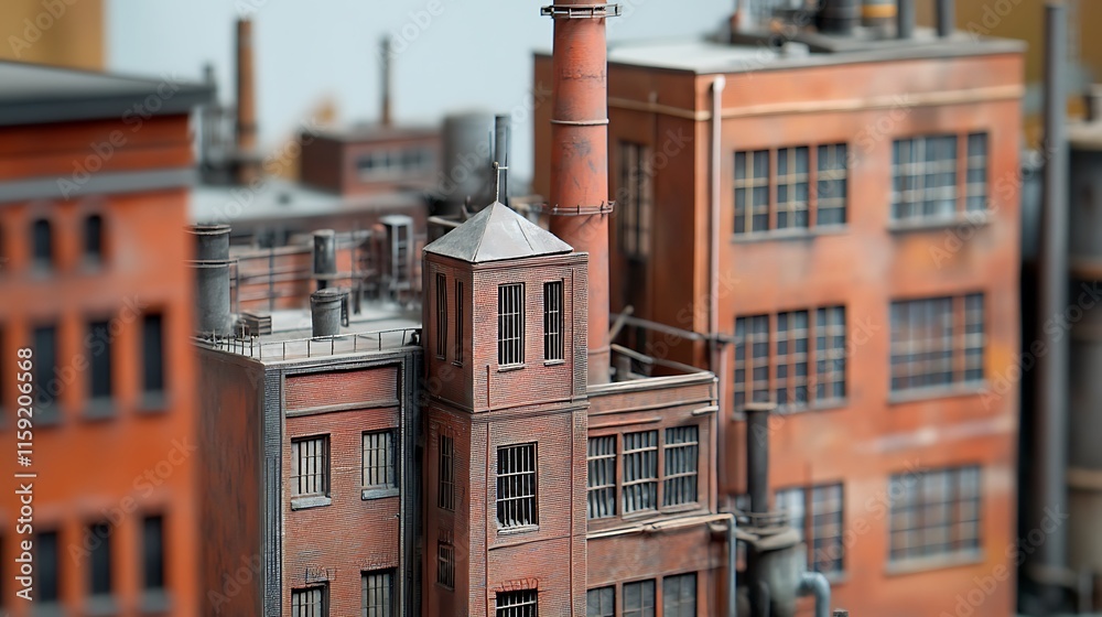 Fototapeta premium 3. Close-up of a factory model showcasing realistic windows, chimneys, and industrial details