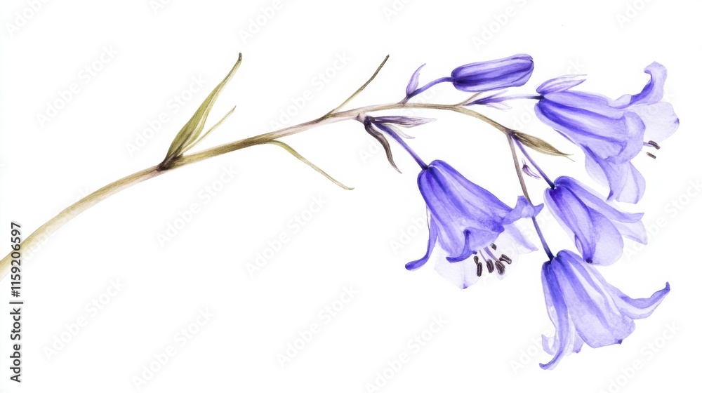 Obraz premium Close-up view of delicate bluebell flowers with their drooping petals and slender stems, isolated white background, botanical ink drawing style