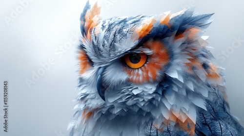 Majestic owl portrait, stylized feathers, orange eye. photo